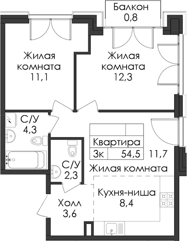 2-комнатная квартира 54.5 м², 5/7 эт., ЖК «Лермонтовский 54»
